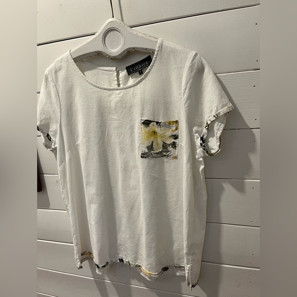 L’INDICE White Linen Blend Top with Floral Trim – Size L - Picture 6 of 10